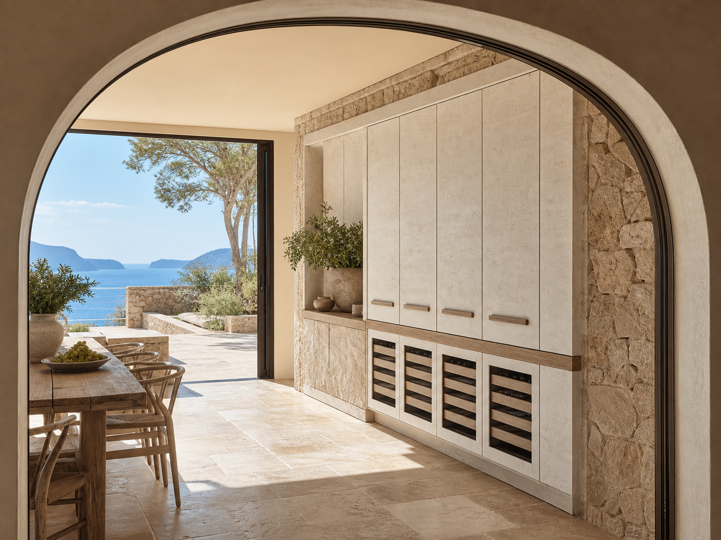 Fadior Grotto Wine Cabinet Suite with Moonstone Chilled Larder Wall — interior room context showing cabinet integration