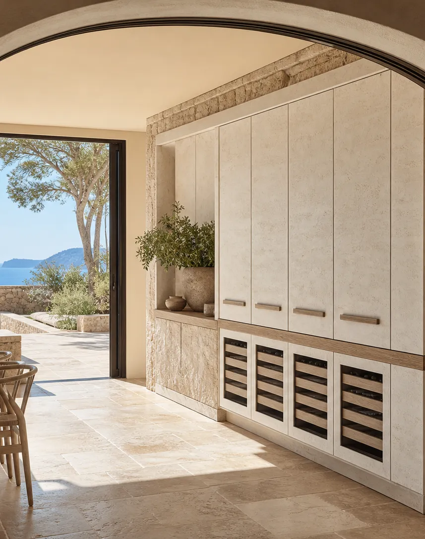Fadior Grotto Wine Cabinet Suite with Moonstone Chilled Larder Wall — interior room context showing cabinet integration