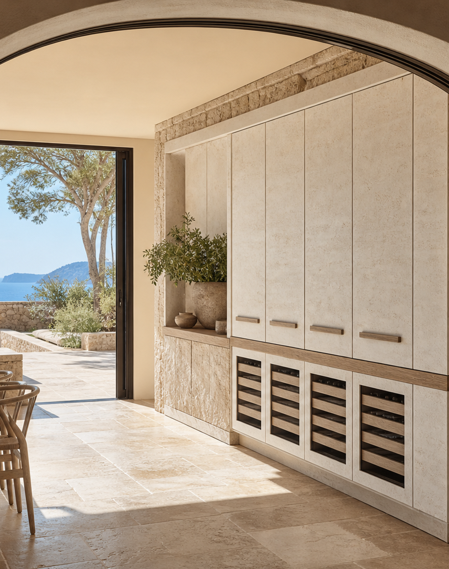 Fadior Grotto Wine Cabinet Suite with Moonstone Chilled Larder Wall — interior room context showing cabinet integration