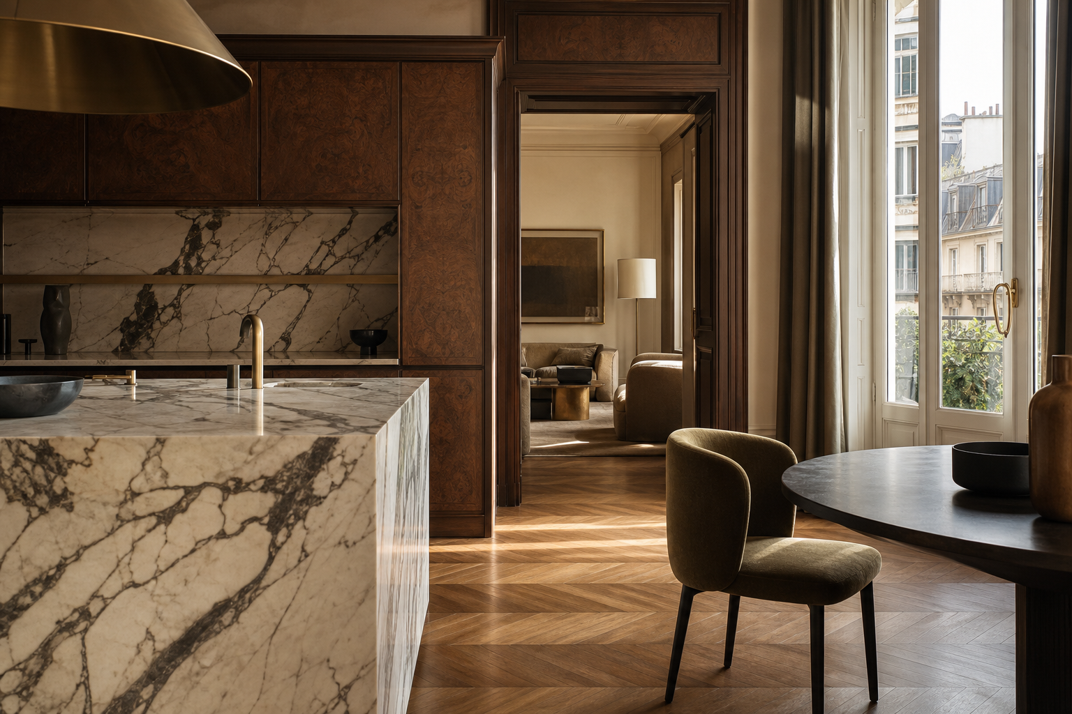 Fadior Milan 120 sqm Kitchen Penthouse — Marble counter, walnut cabinet, brass lamp, velvet chair, window, and parquet floor in Milan kitchen