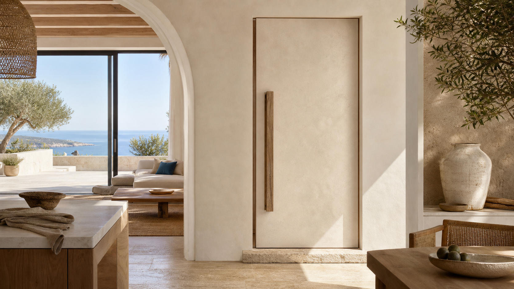 Fadior Alabaster Interior Door Suite with Pale Stone Threshold Door — lifestyle setting with natural light and residential styling