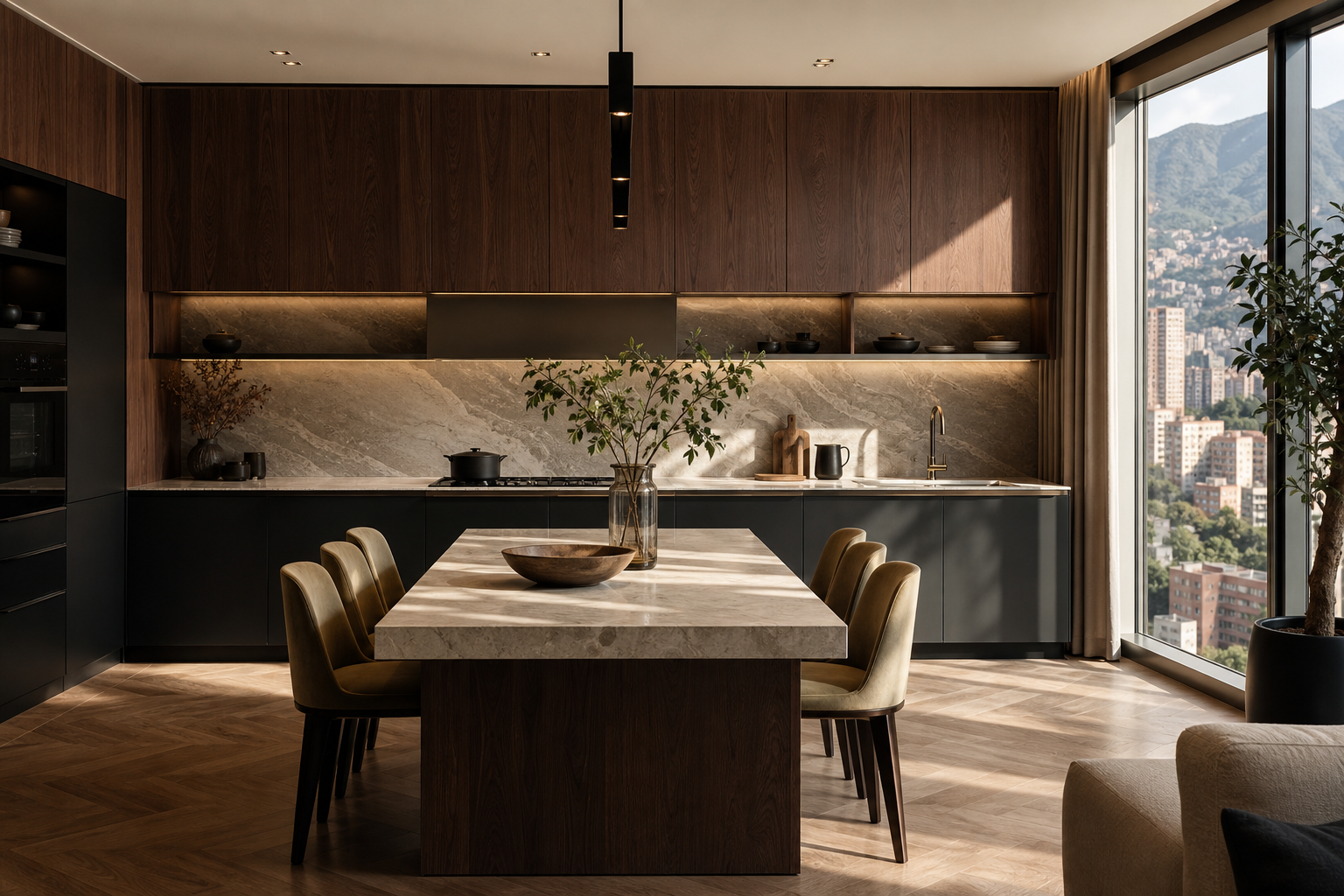 Fadior Medellin 185 sqm Kitchen Apartment — marble counter, sink deck, walnut cabinet wall, plant, mountain city window