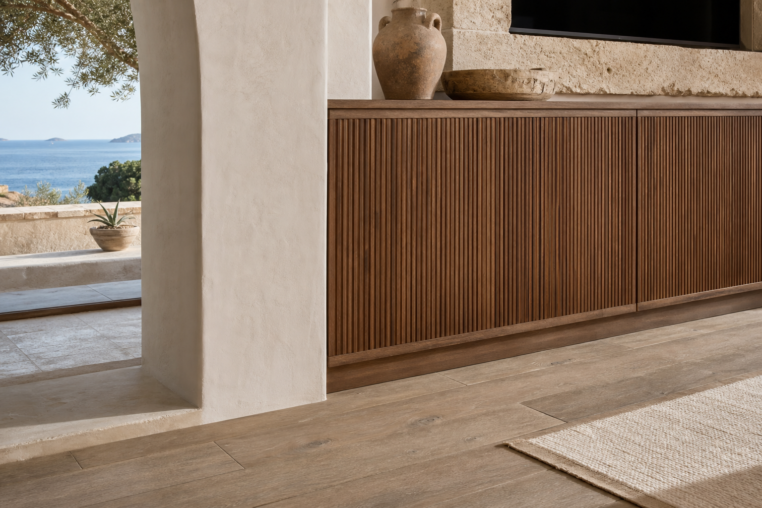Fadior Silvan Living Room Suite with Tambour Walnut Listening Wall — close-up of stainless steel finish and hardware detail