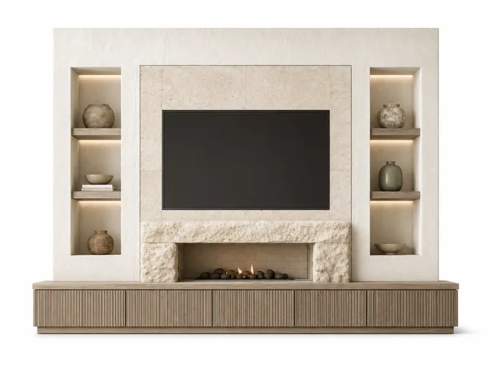 Fadior Veneto Living Room Suite with Travertine Gallery Media Wall — 304 stainless steel living room system, front view