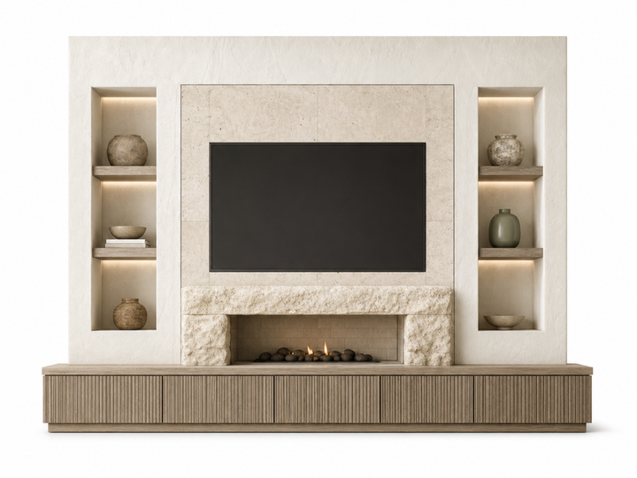 Fadior Veneto Living Room Suite with Travertine Gallery Media Wall — 304 stainless steel living room system, front view