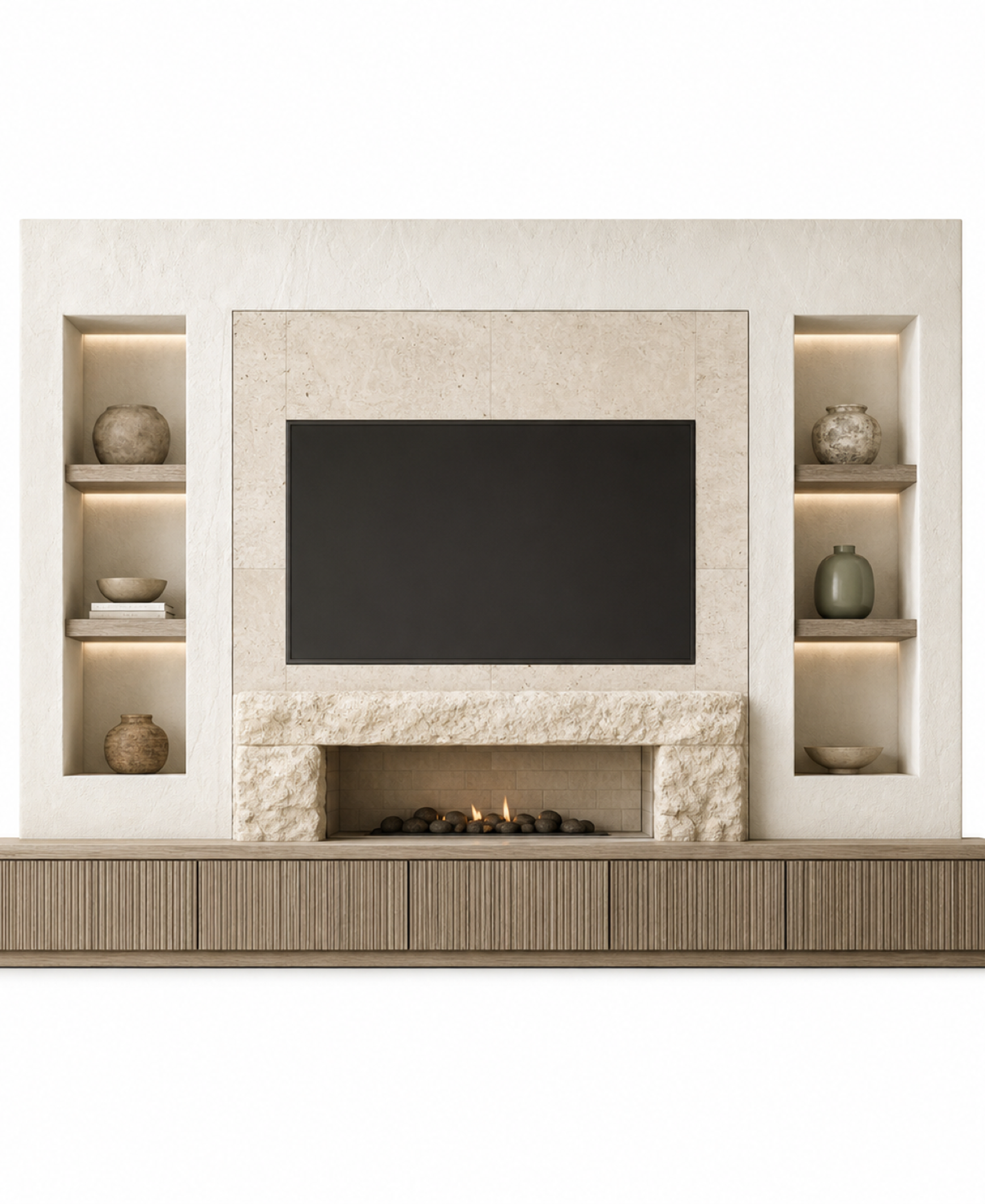 Fadior Veneto Living Room Suite with Travertine Gallery Media Wall — 304 stainless steel living room system, front view