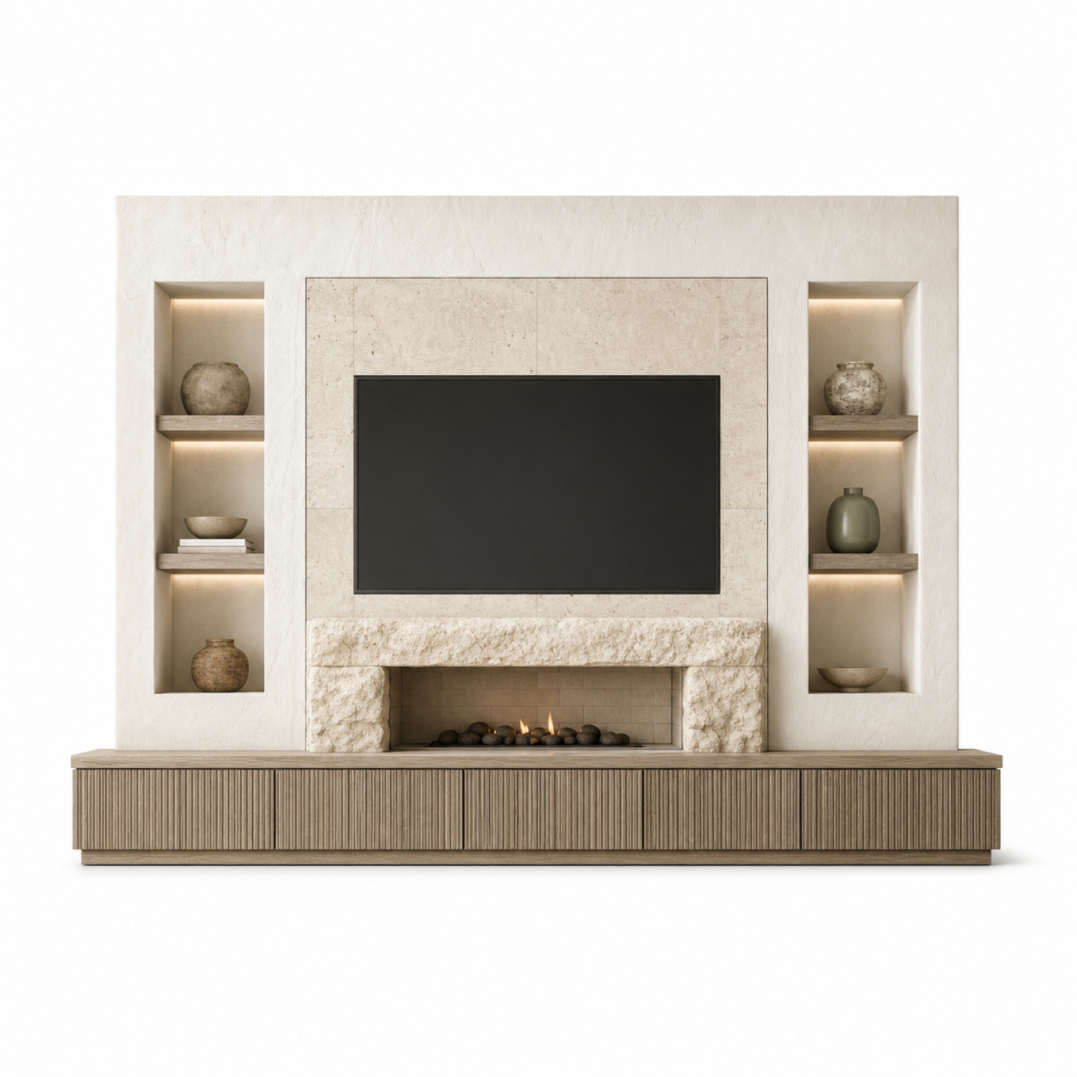 Fadior Veneto Living Room Suite with Travertine Gallery Media Wall — 304 stainless steel living room system, front view