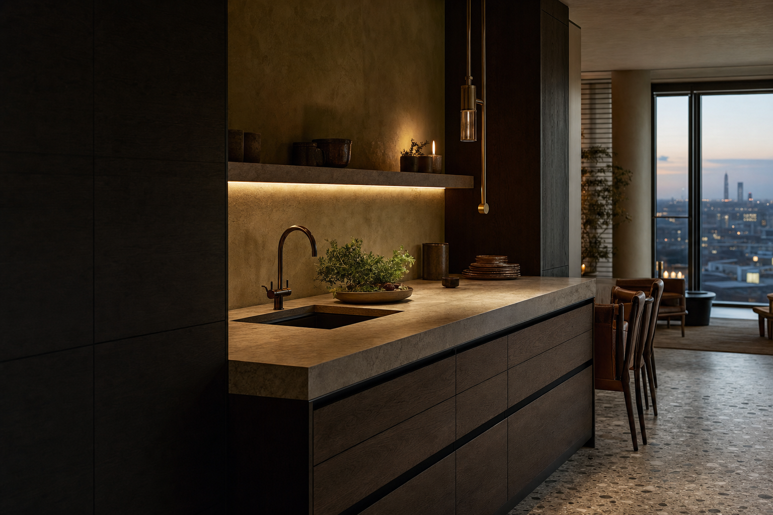 Fadior London 200 sqm Kitchen Bath Penthouse — sink counter, cabinet drawers, plaster wall, city window, terrazzo floor