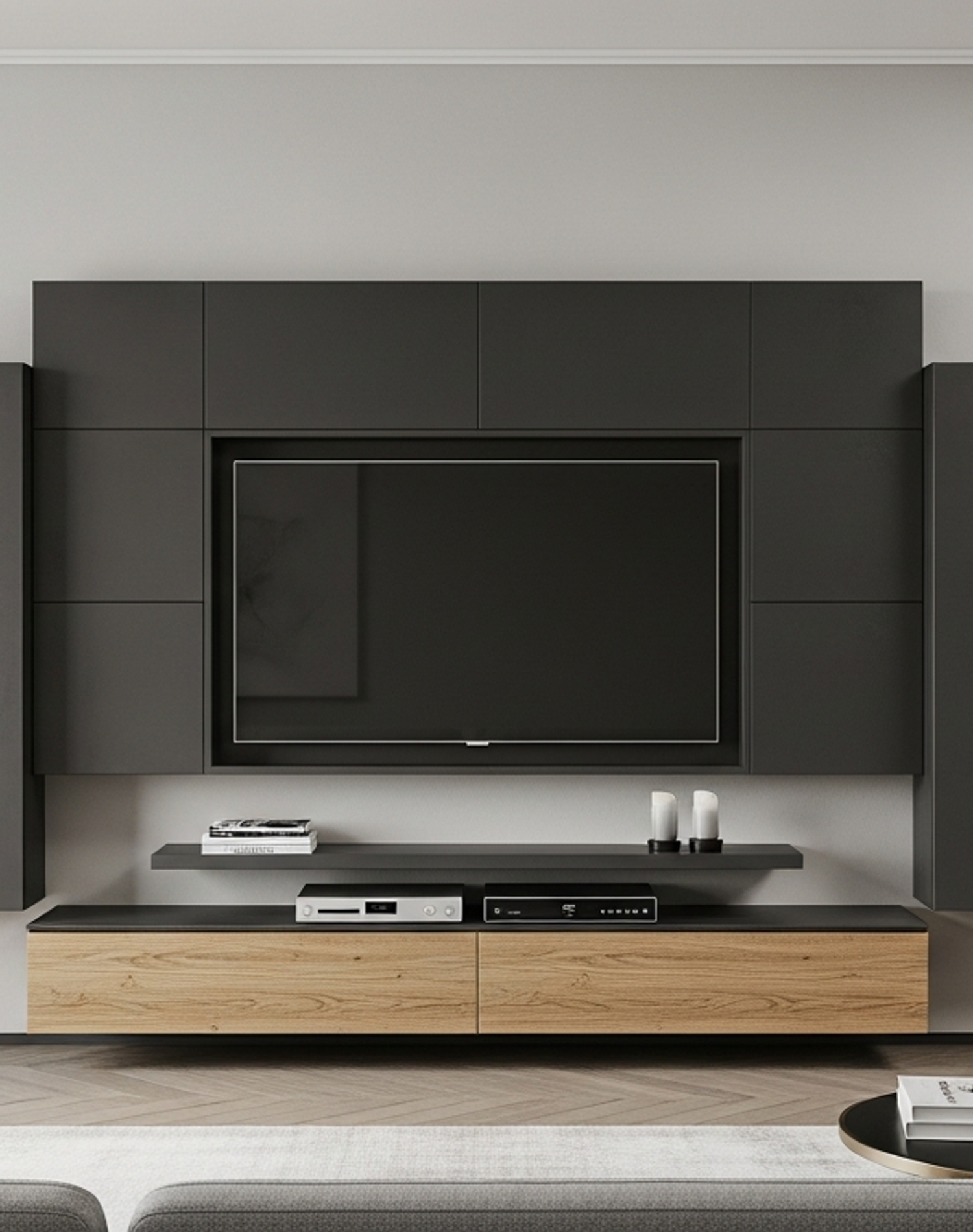 Fadior Essence Media Console — lifestyle setting with natural light and residential styling