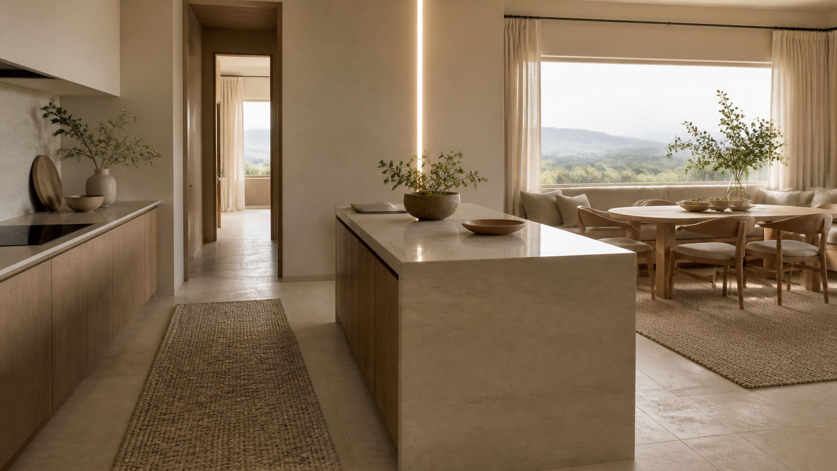 Decision comparison: two woven rug zones across a neutral kitchen floor and dining area.