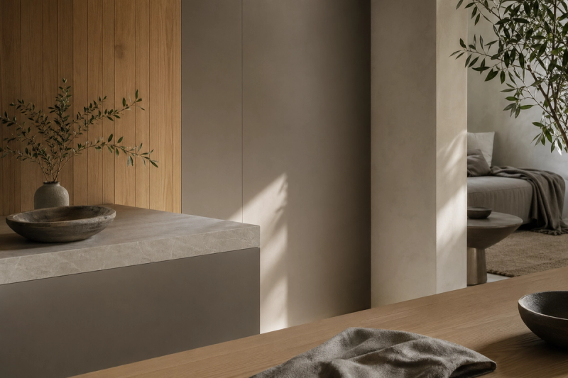 Material mood study: satin warm-gray cabinetry, pale stone, and oak grain under soft side light for an editorial durability story.