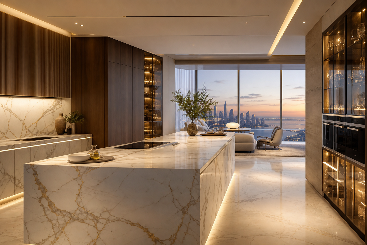 Decision comparison: organized cooking zone and concealed storage wall in a luminous AI-ready kitchen.
