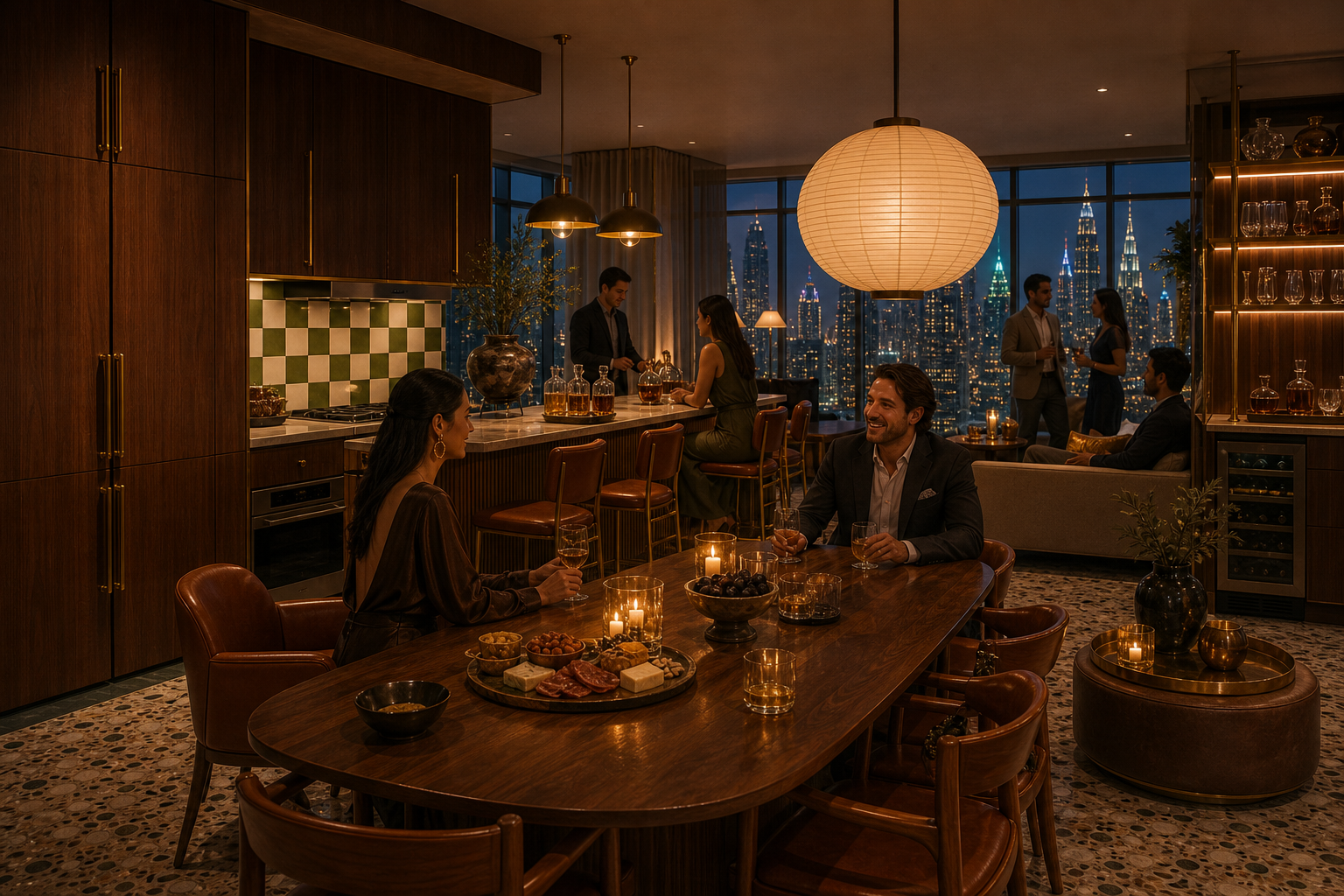 Fadior Dubai Skyline Penthouse — Dubai evening hosting area with dining table, leather chairs, serving counter,