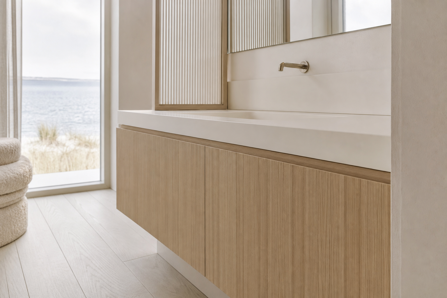 Fadior Ethereal Bath and Vanity Suite with Lantern Basin Screen — close-up of stainless steel finish and hardware detail