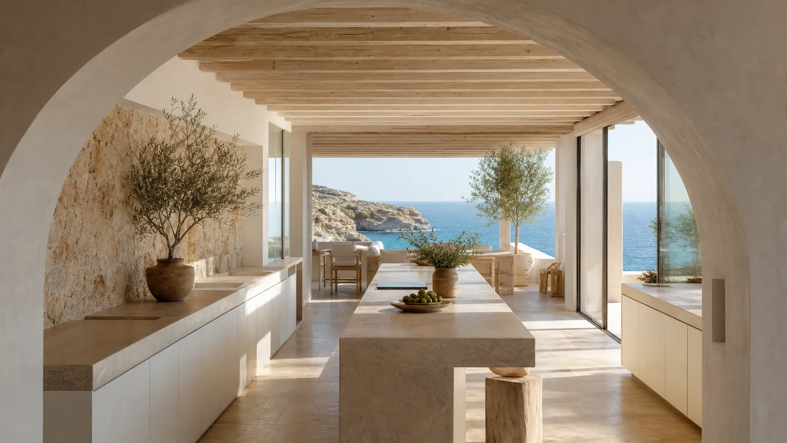Coastal kitchen atmosphere with pale cabinet fronts and stone surfaces showing wet-zone planning context.