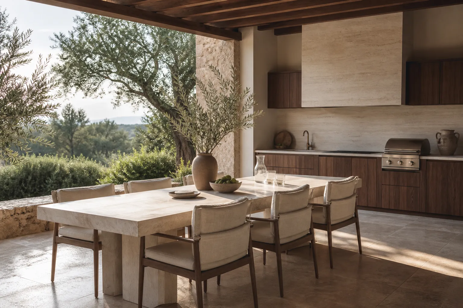 Long outdoor dining table beside a sheltered cooking area for family terrace meals