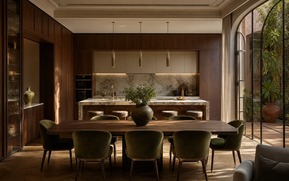 Fadior Marrakech 450 sqm Kitchen Villa — Marrakech island, cabinet wall, marble counter, oak floor, courtyard window — 304 stainless steel cabinetry installation by Fadior