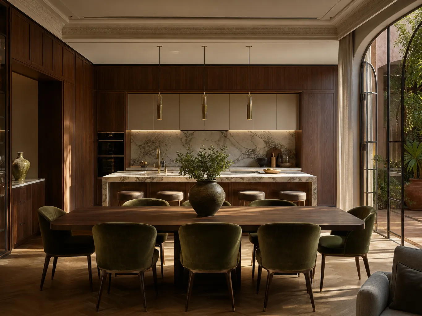 Fadior Marrakech 450 sqm Kitchen Villa — Marrakech island, cabinet wall, marble counter, oak floor, courtyard window