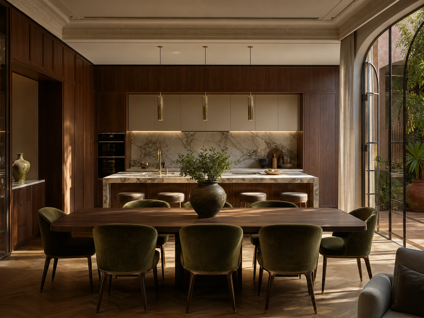 Fadior Marrakech 450 sqm Kitchen Villa — Marrakech island, cabinet wall, marble counter, oak floor, courtyard window