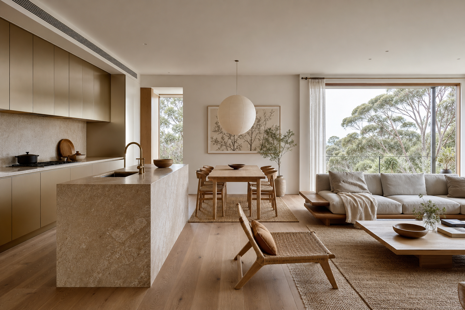 Fadior A Kitchen that Remembers: Marrying Australian Stainless Steel Craftsmanship with Minimalist Japanese Design — kitchen island, champagne cabinets, dining table, linen sofa, woven rug, eucalyptus window