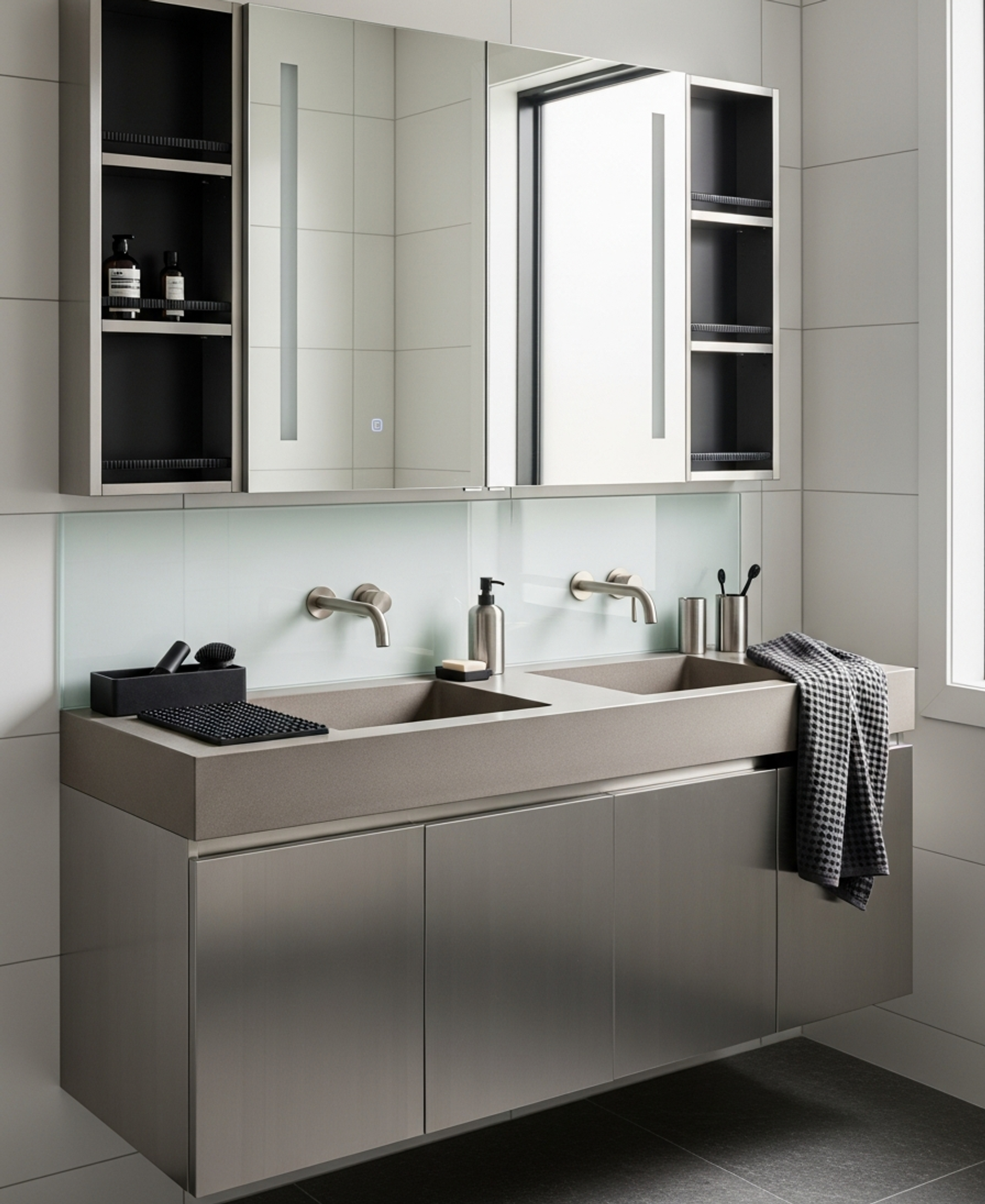 Fadior Acqua Vanity Suite — 304 stainless steel bath and vanity system, front view