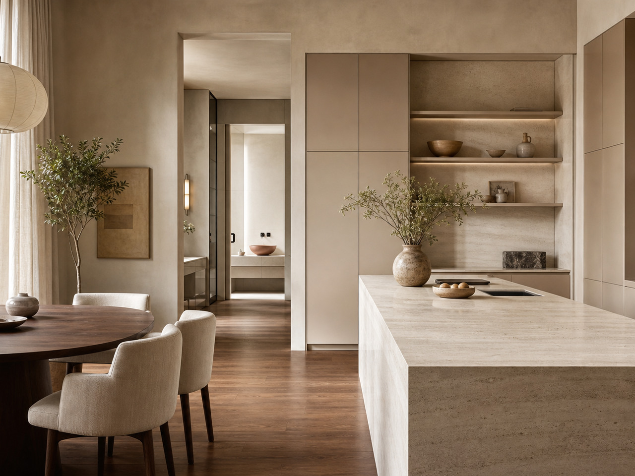 Fadior International 120 sqm Kitchen Bath Apartment — stone kitchen island, cabinet wall, walnut floor, dining table, vanity corridor, tall window — 304 stainless steel cabinetry installation by Fadior
