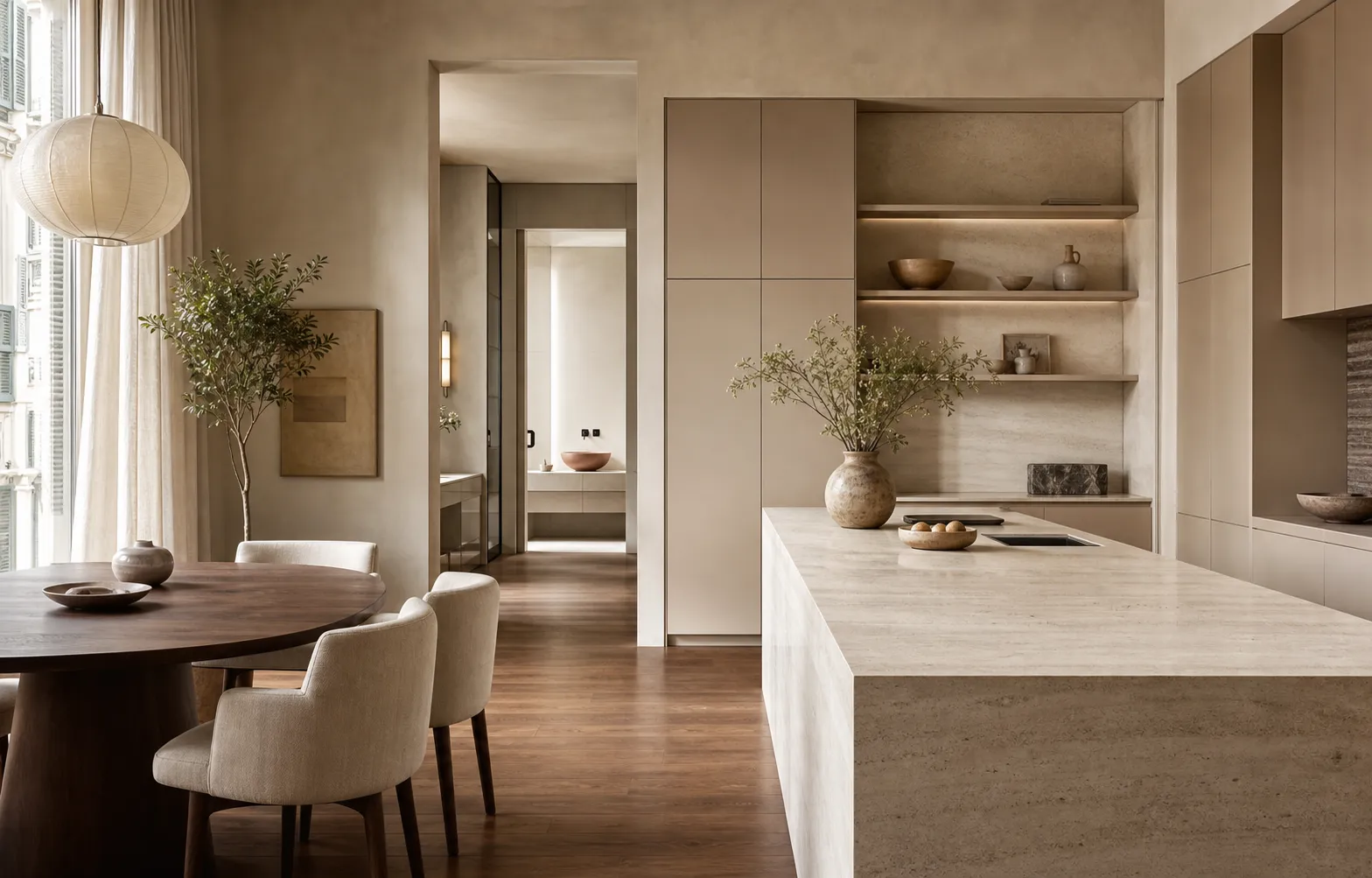 Apartamento de cocina y baño Fadior Milan de 190 m² — isla de cocina de piedra, pared de armarios, suelo de nogal, mesa de comedor — armario de acero inoxidable 304