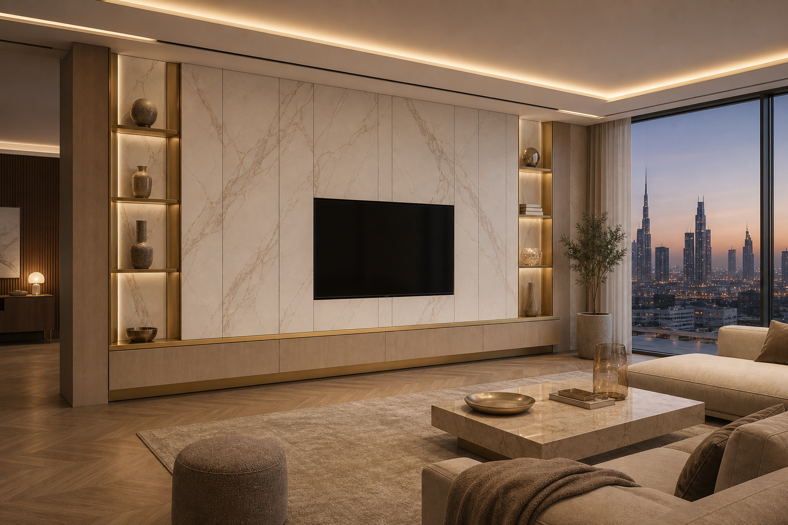 Fadior Veneto Panel-Less Floating Media Bay — lifestyle setting with natural light and residential styling