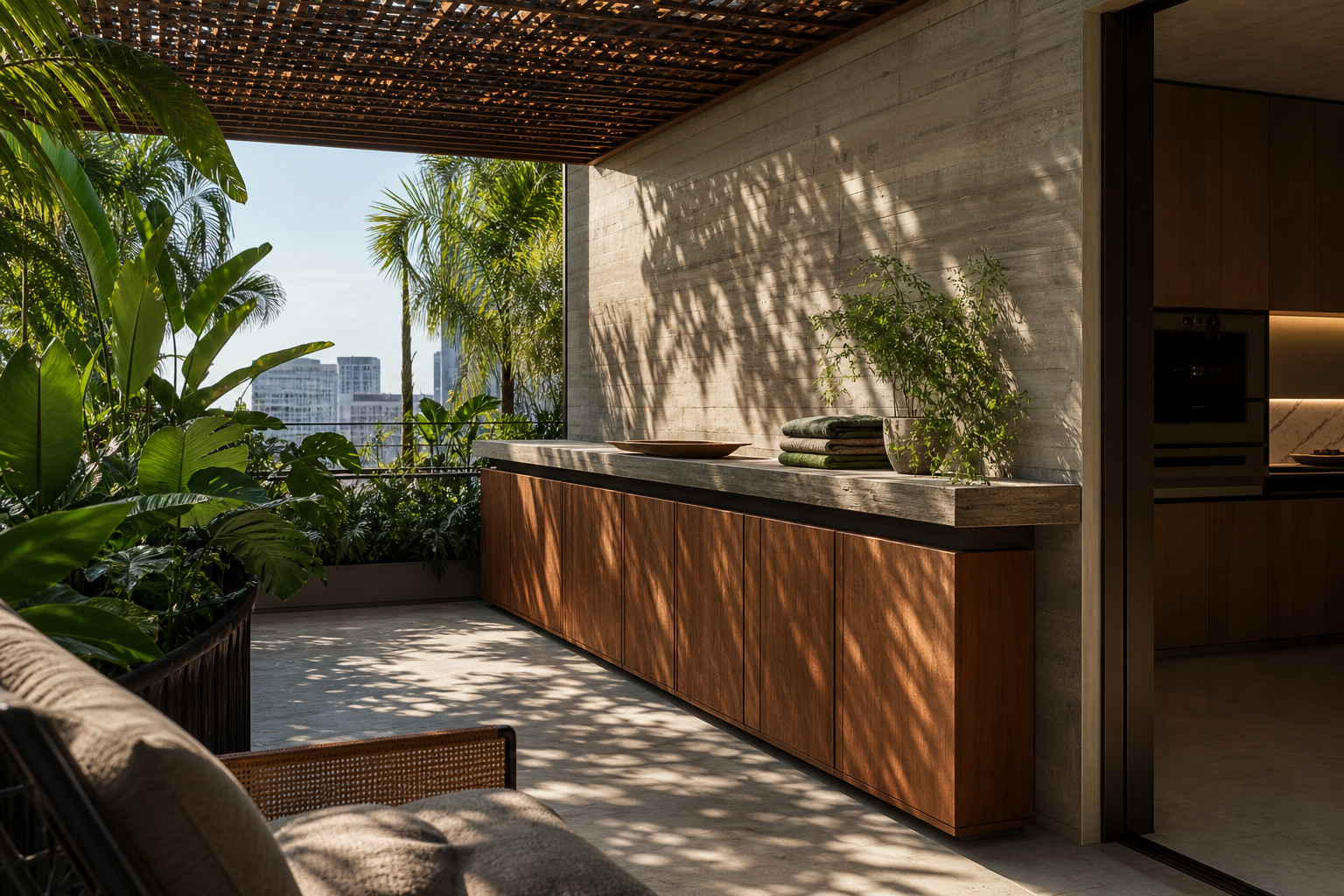 Fadior Soleil Balcony Suite with Sunset Prep Credenza — lifestyle setting with natural light and residential styling