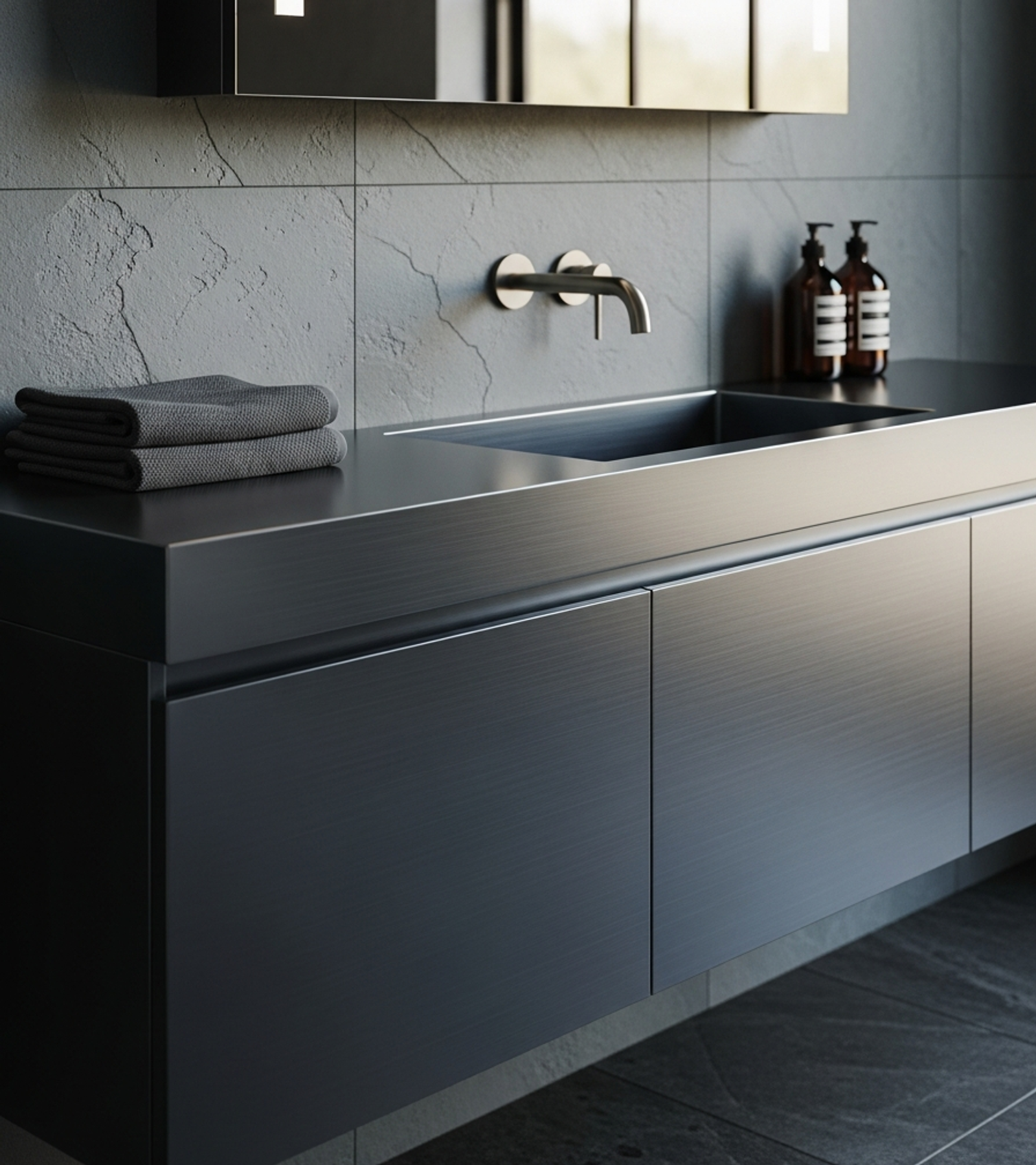 Fadior Acqua Bath and Vanity Suite — close-up of stainless steel finish and hardware detail