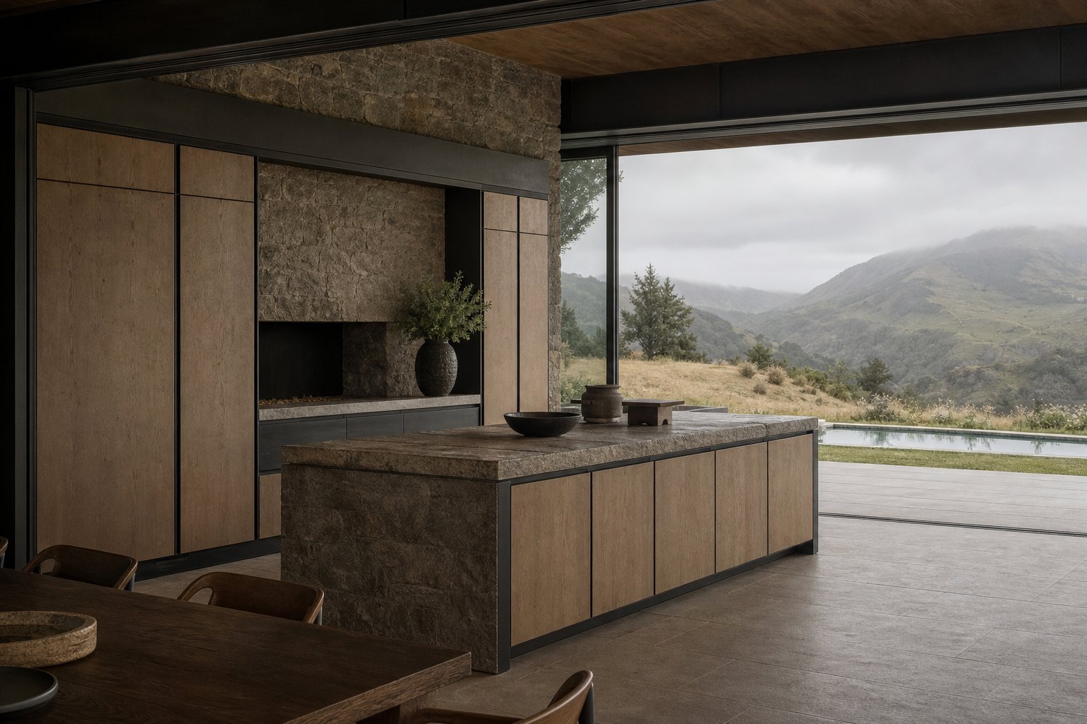 Fadior Terrena Kitchen Suite with Hearthside Service Island — interior room context showing cabinet integration