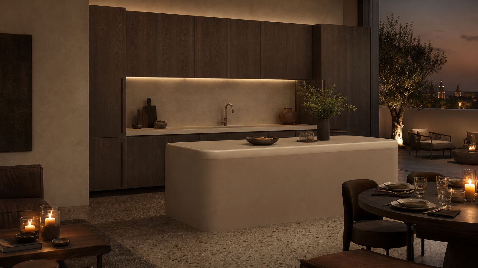 Fadior Meridian Kitchen Suite with Staron Cove Prep Island — lifestyle setting with natural light and residential styling