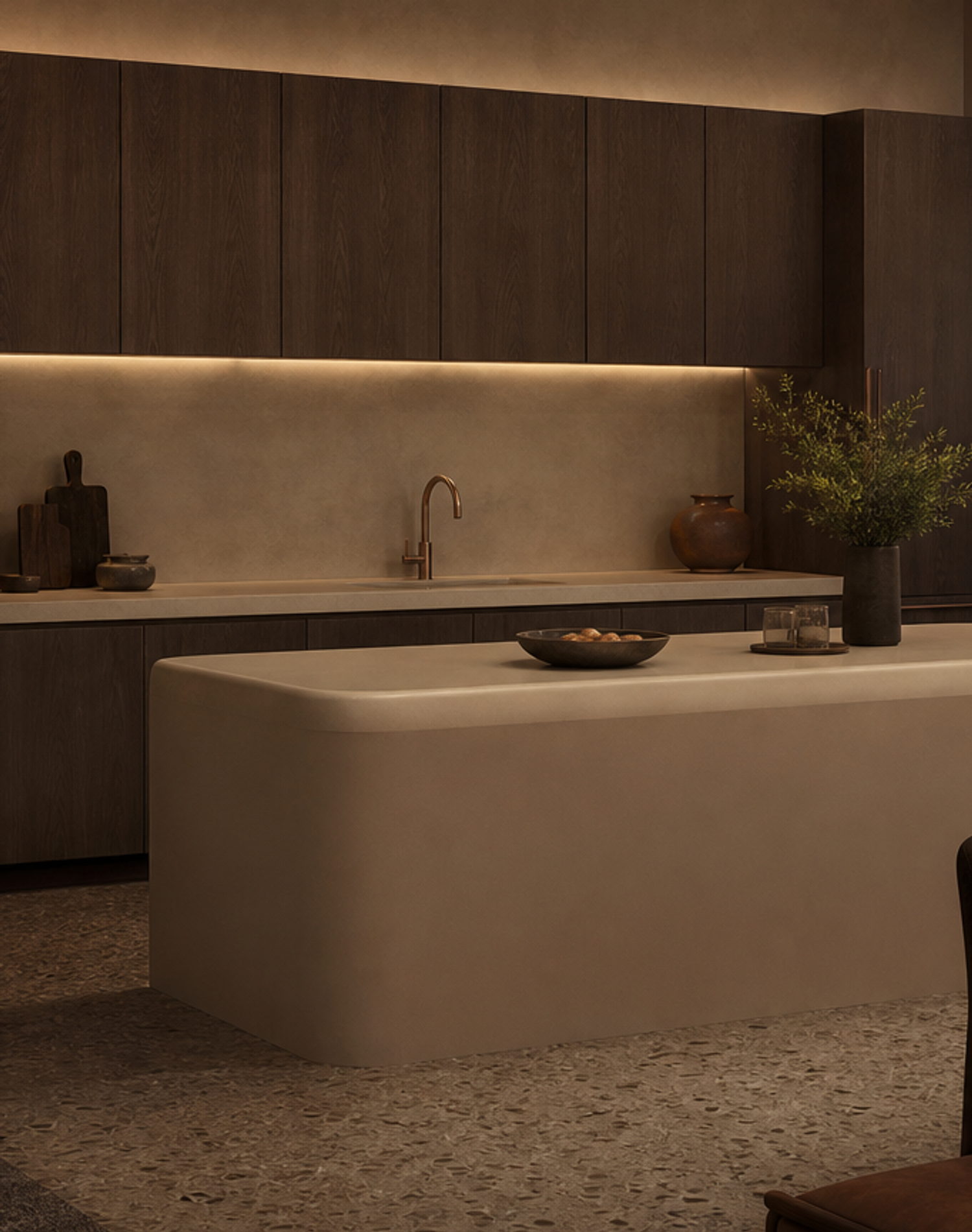 Fadior Meridian Kitchen Suite with Staron Cove Prep Island — lifestyle setting with natural light and residential styling