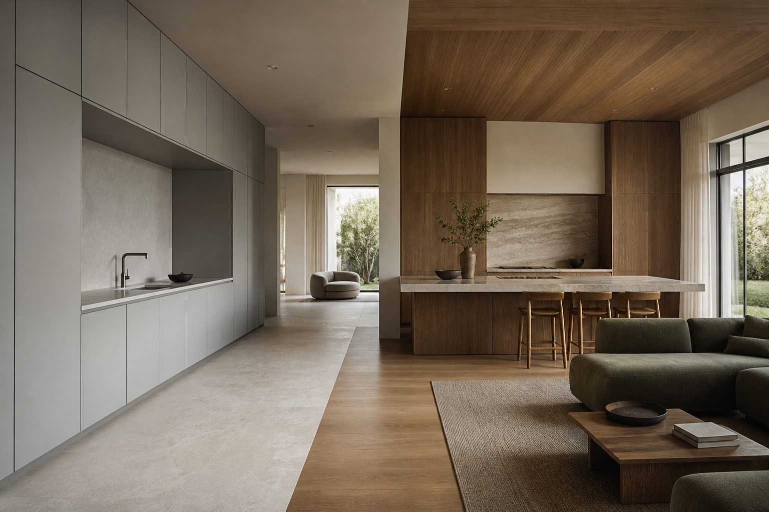 Decision comparison scene: a calmer open-plan kitchen transitions from disciplined system order to warmer furniture-like
