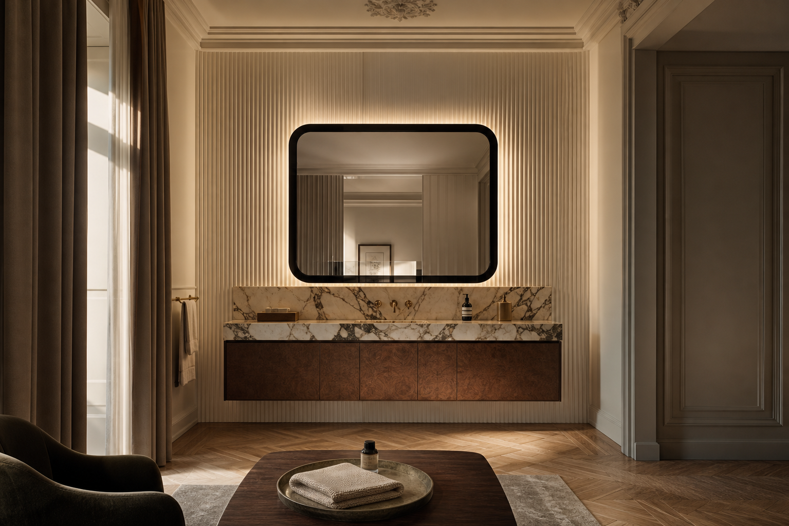 Fadior Verve Bath and Vanity Suite with Fluted Halo Wash Wall — lifestyle setting with natural light and residential styling