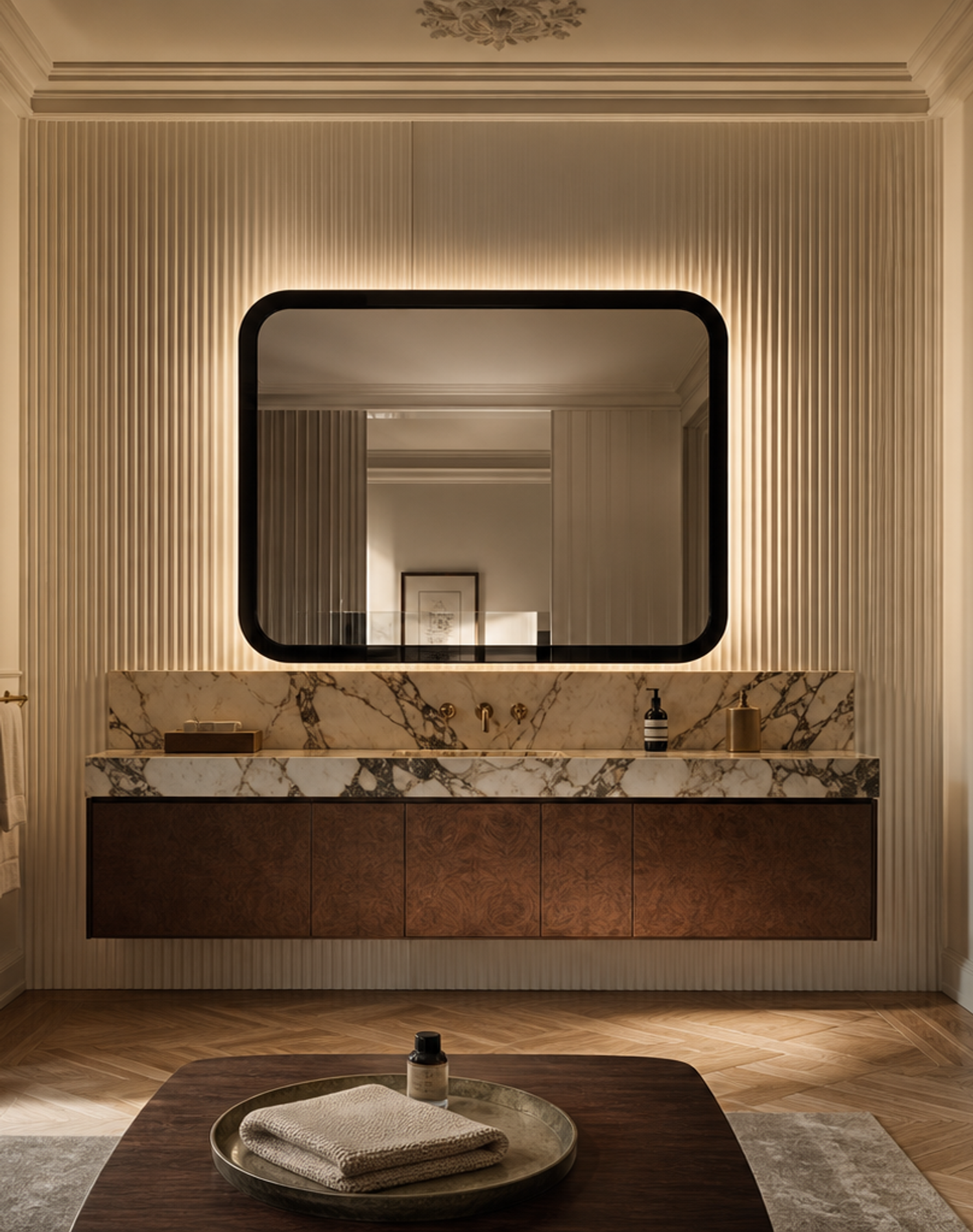 Fadior Verve Bath and Vanity Suite with Fluted Halo Wash Wall — lifestyle setting with natural light and residential styling