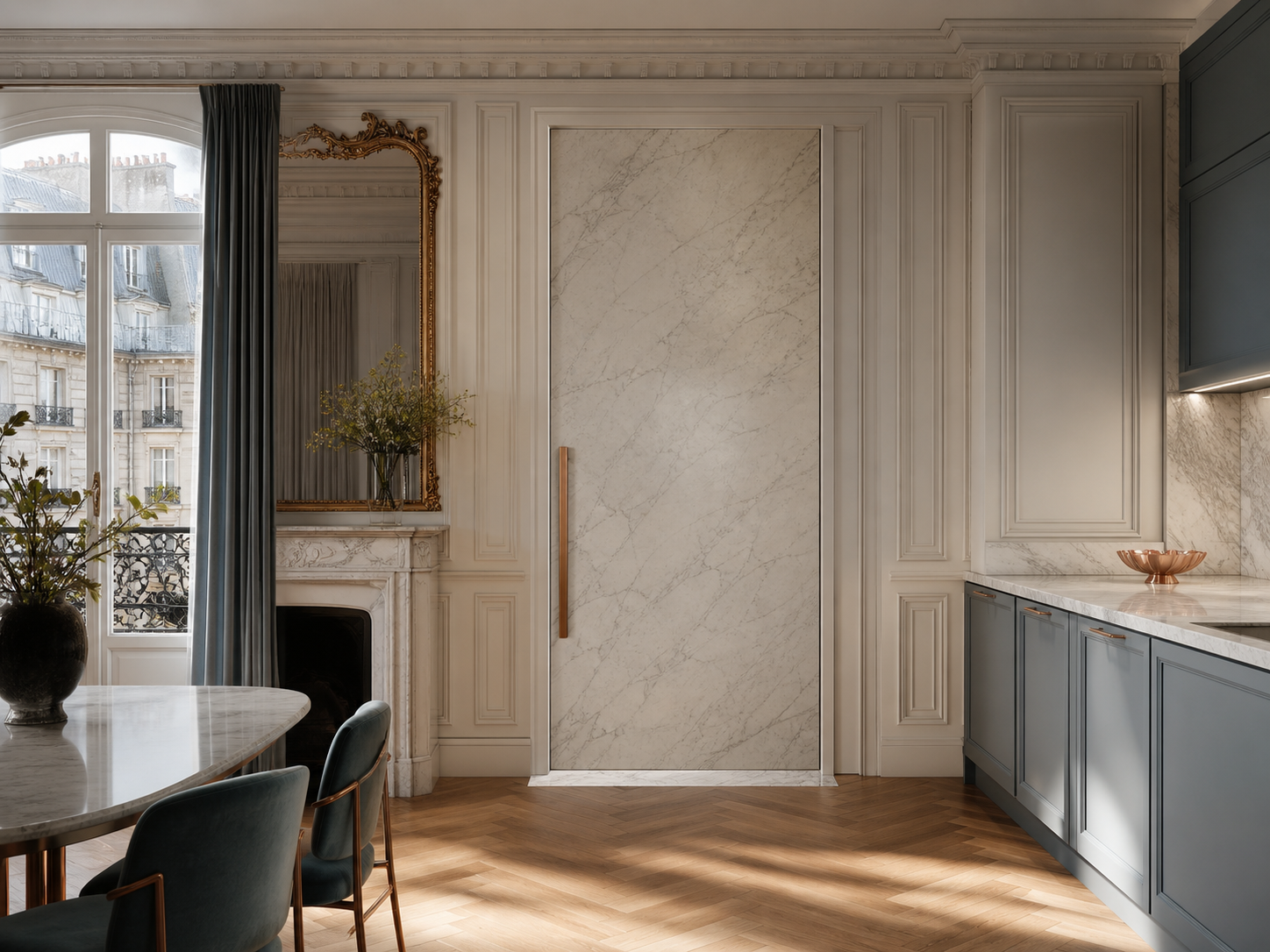 Fadior Silhouette Interior Door Suite with Carrara Panel Passage Slab — interior room context showing cabinet integration