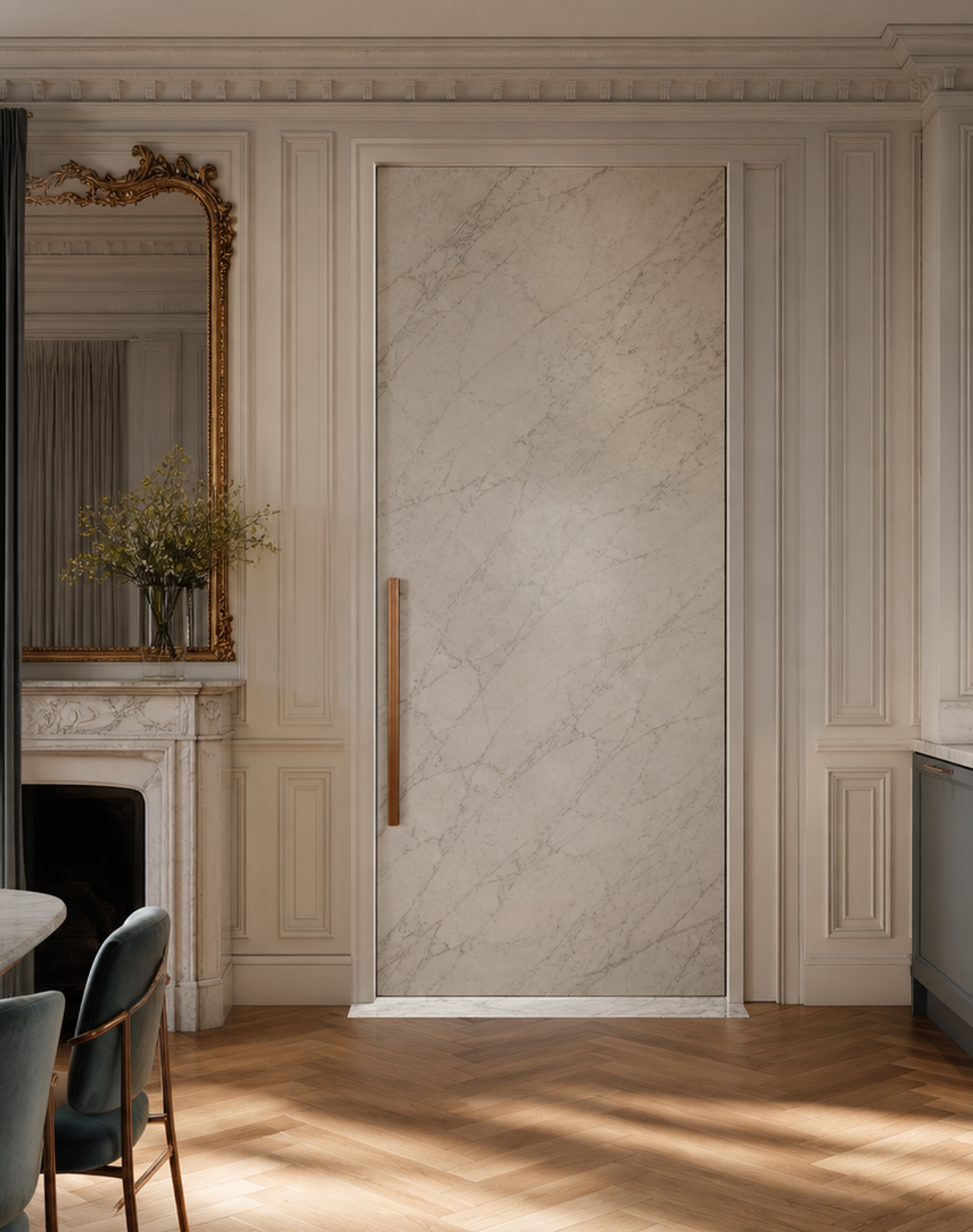 Fadior Silhouette Interior Door Suite with Carrara Panel Passage Slab — interior room context showing cabinet integration