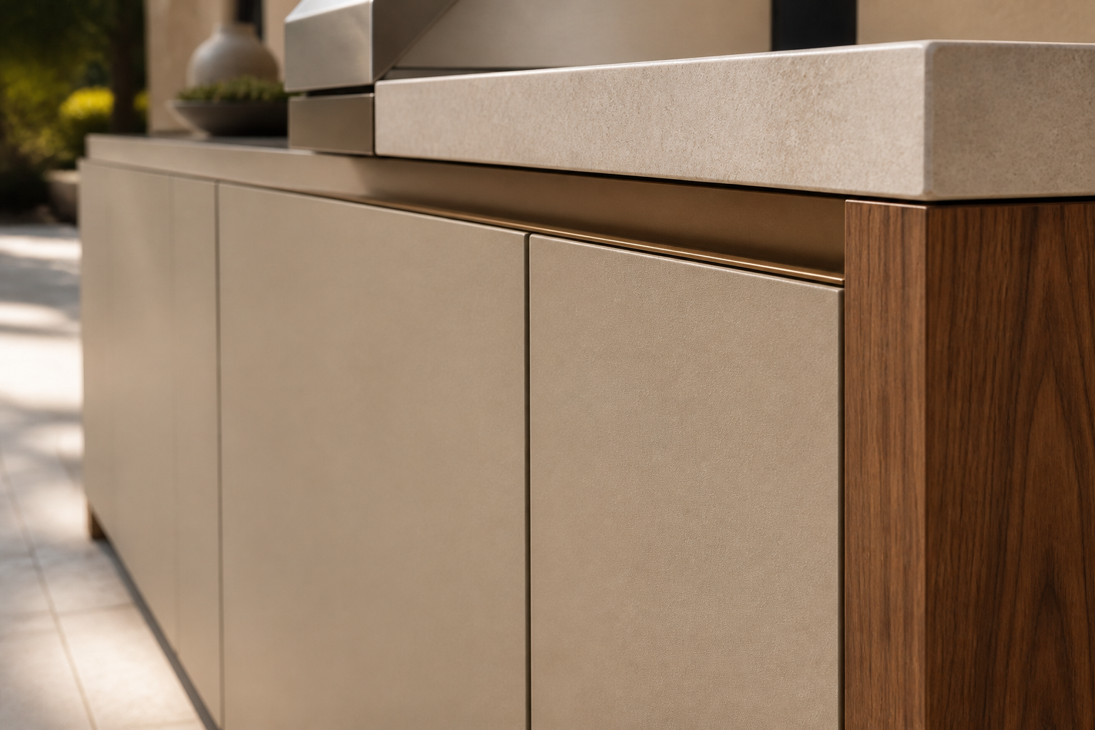 Fadior Vantage Outdoor Kitchen Suite with Pavilion Prep Wall — close-up of stainless steel finish and hardware detail