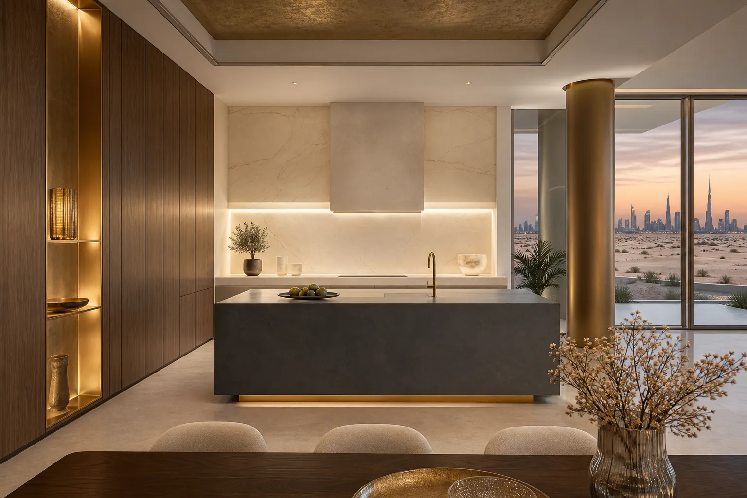 Kitchen decision comparison with charcoal island, warm wood wall, and cream stone in a Gulf villa.