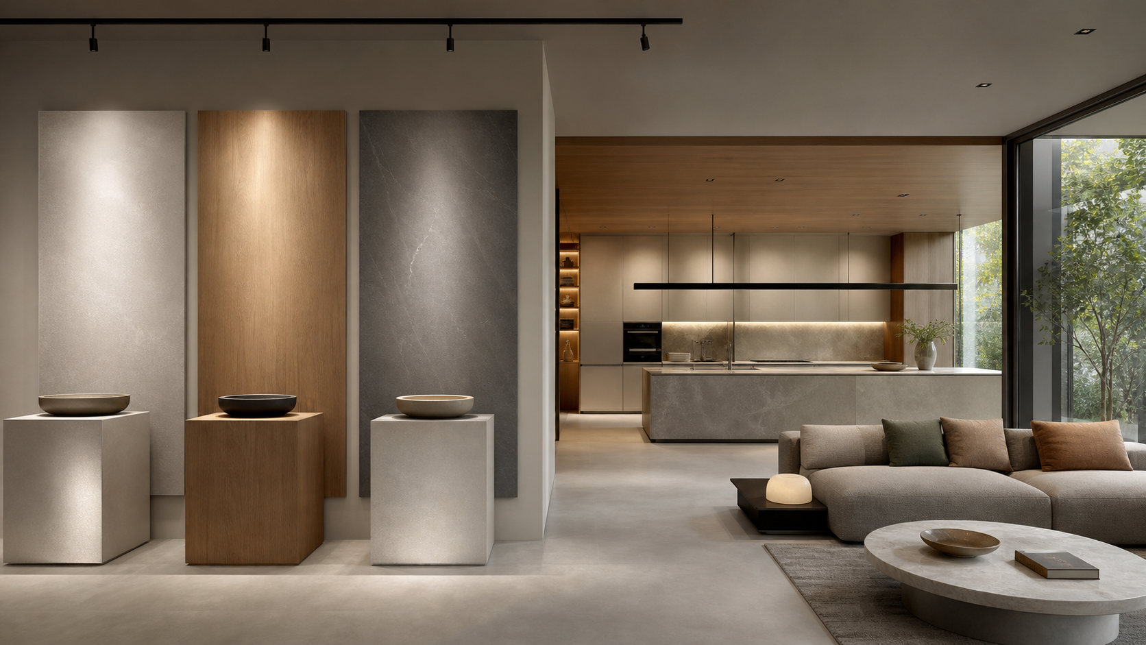 Decision comparison scene: gallery-style surface panels beside an open kitchen and lounge showing exhibition ideas entering
