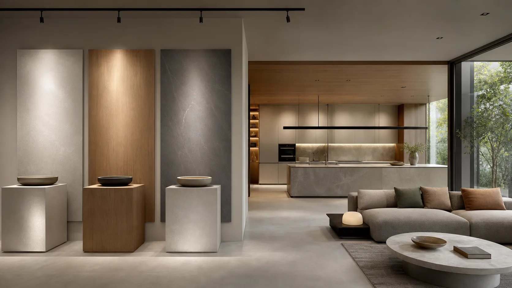 Decision comparison scene: gallery-style surface panels beside an open kitchen and lounge showing exhibition ideas entering