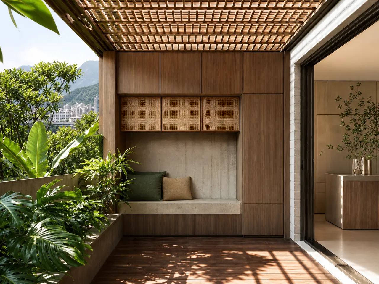 Fadior Soleil Balcony Suite with Rattan Shade Breakfast Niche — 304 stainless steel balcony system, front view