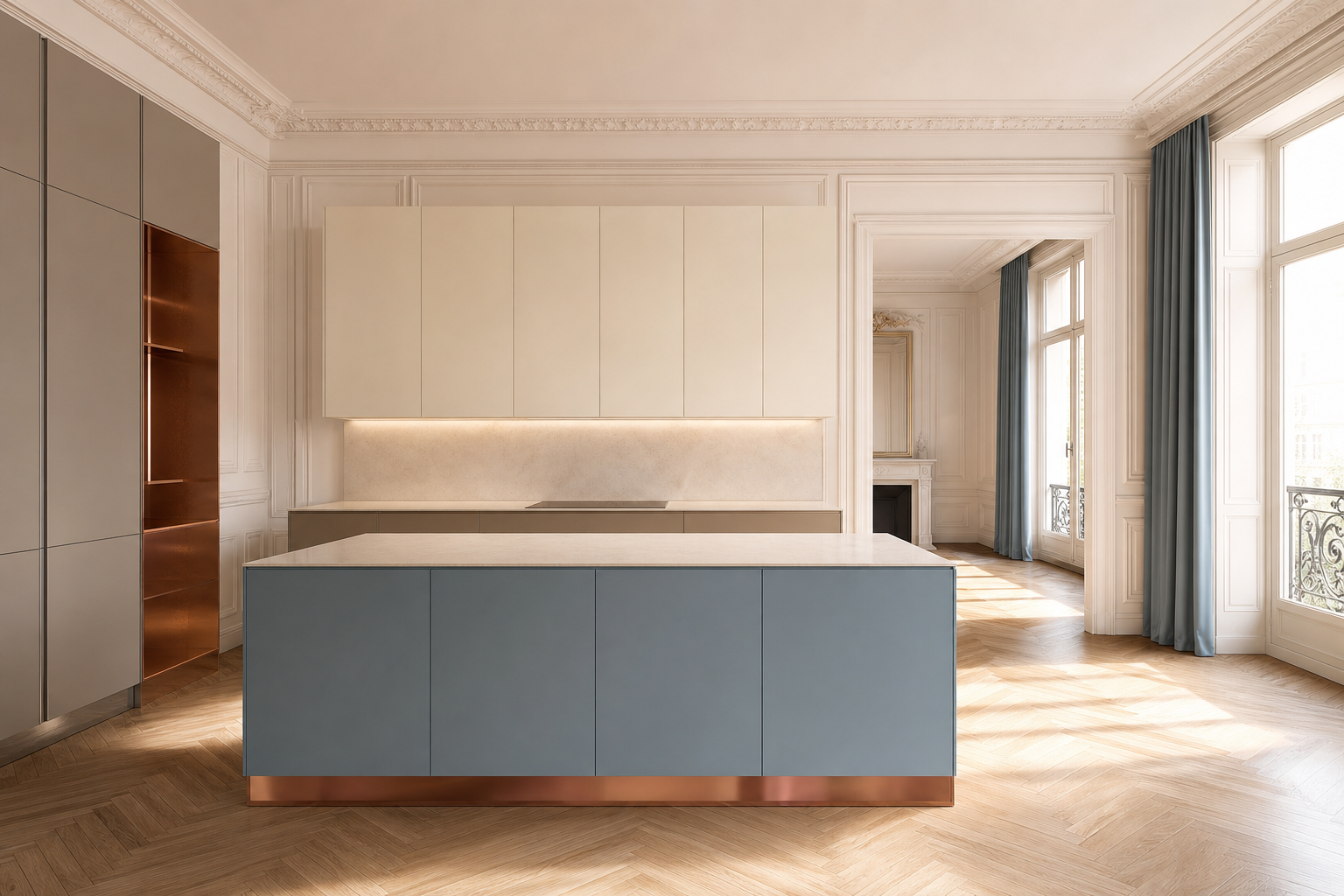 Powder coating material mood with matte color panels and pale kitchen surfaces.