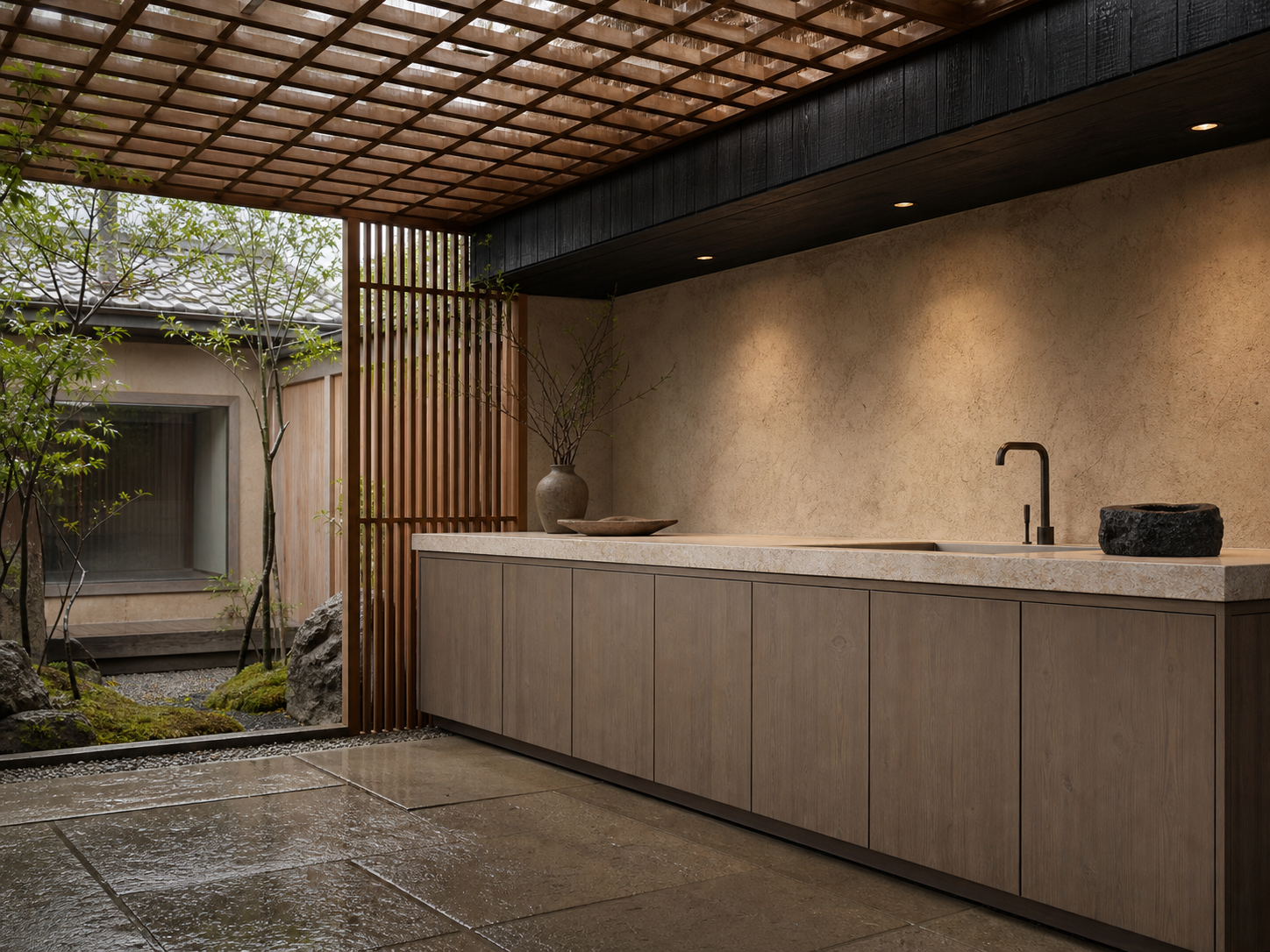 Fadior Vantage Outdoor Kitchen Suite with Cedar Rain Counter Bay — interior room context showing cabinet integration