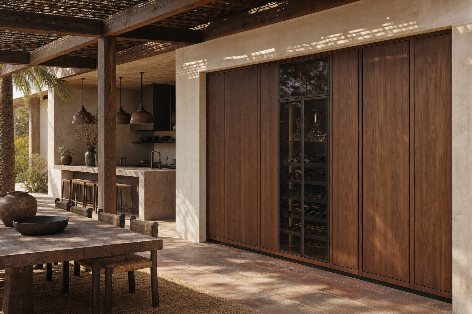 Fadior Grotto Wine Cabinet Suite with Shadow Glass Decanting Spine — interior room context showing cabinet integration