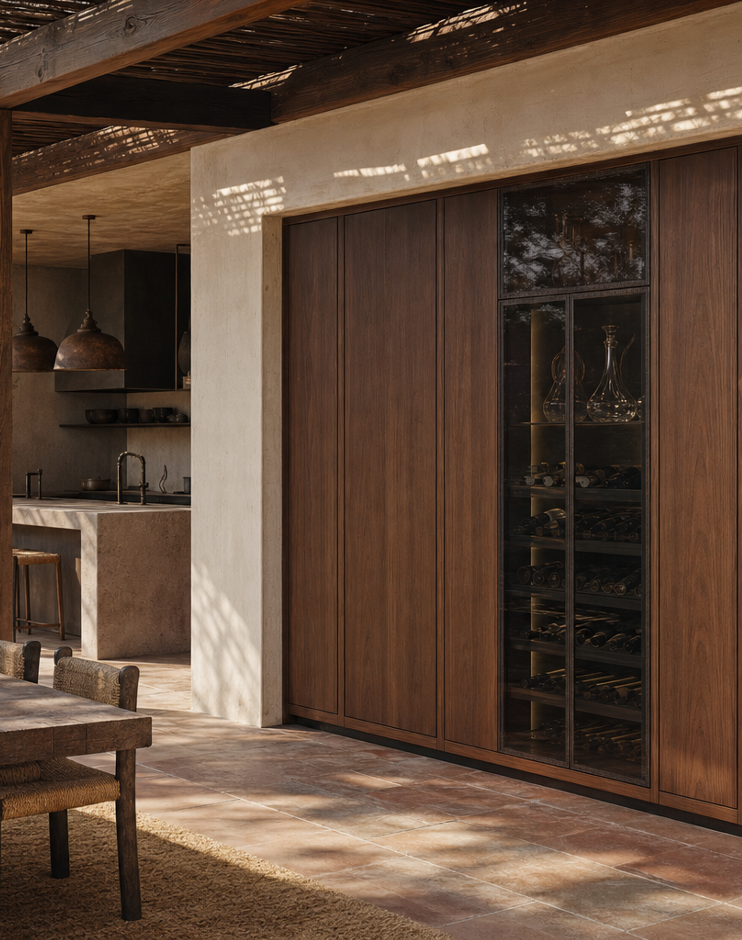 Fadior Grotto Wine Cabinet Suite with Shadow Glass Decanting Spine — interior room context showing cabinet integration