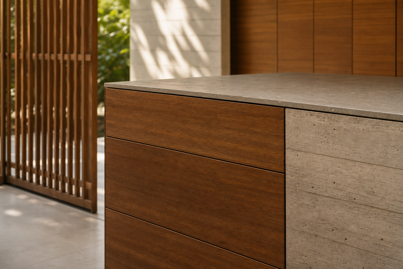 Fadior Silkstone Kitchen Suite with Courtyard Pantry Island — close-up of stainless steel finish and hardware detail
