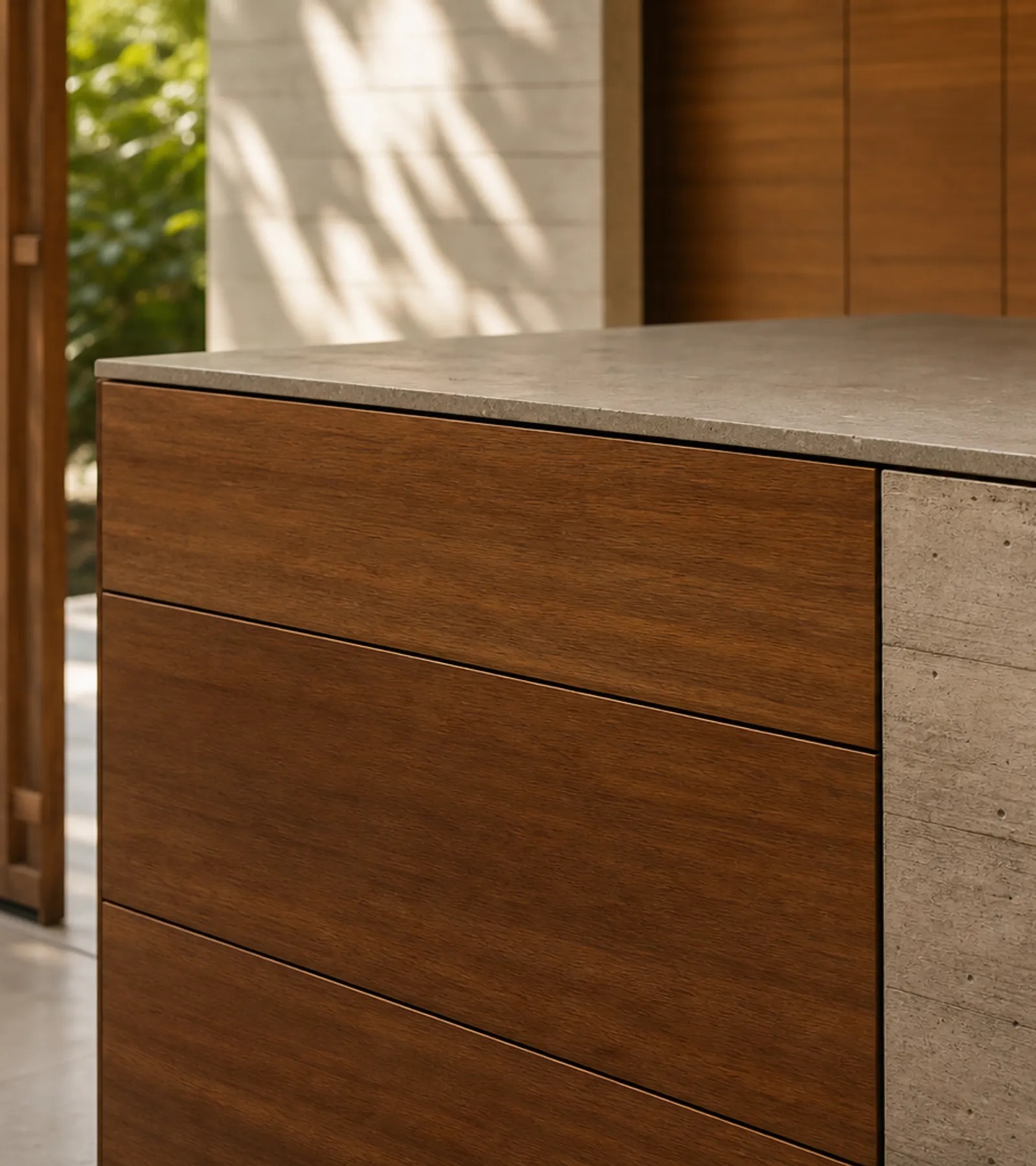 Fadior Silkstone Kitchen Suite with Courtyard Pantry Island — close-up of stainless steel finish and hardware detail
