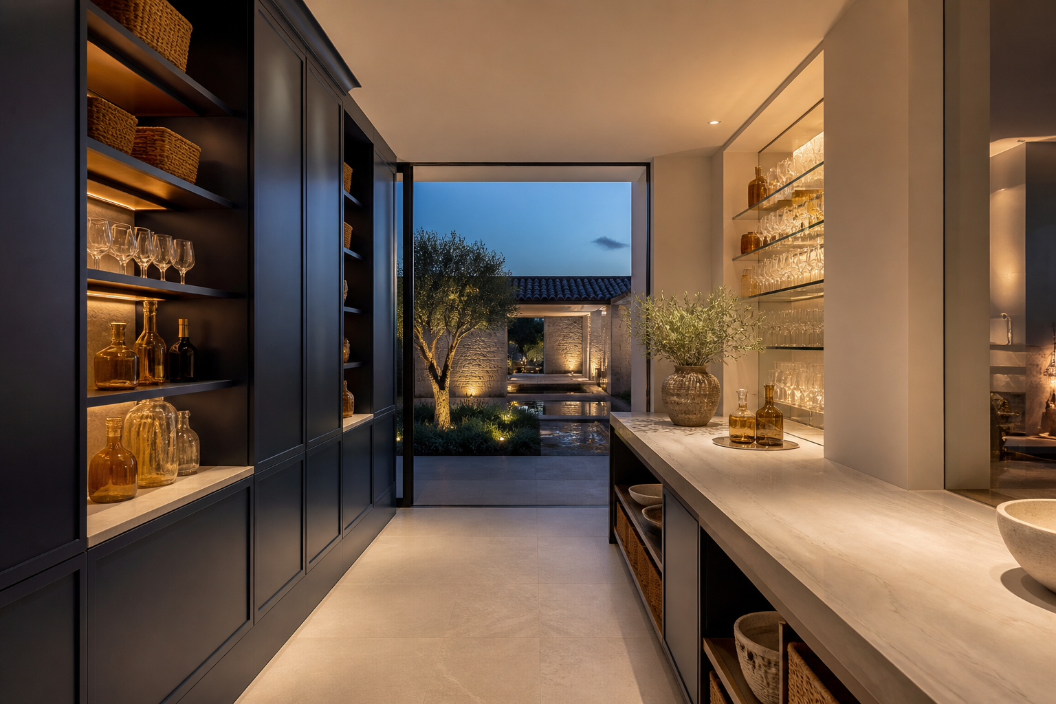 Fadior Algarve 420 sqm Kitchen Villa — dark cabinets, pale counter, glass shelves, baskets, courtyard window